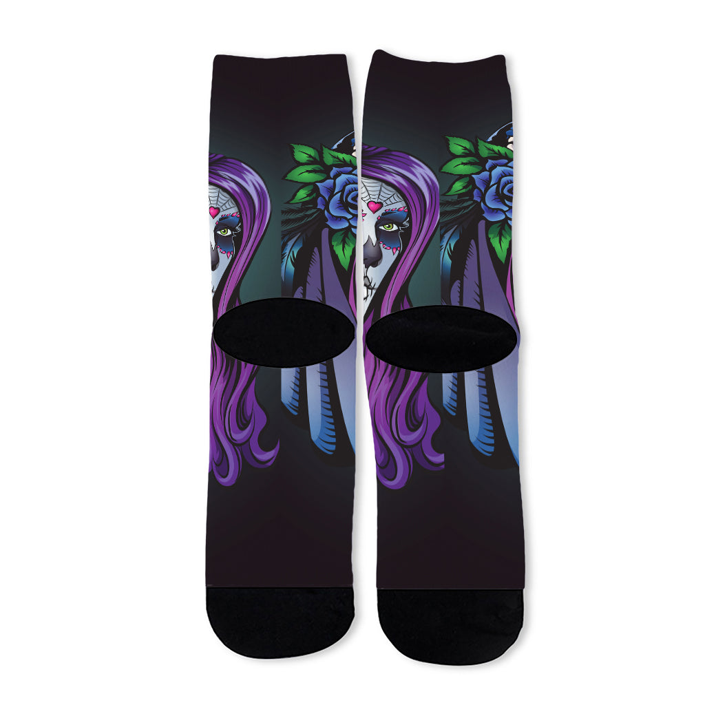 Calavera Girl Dia De Los Muertos Print Long Socks