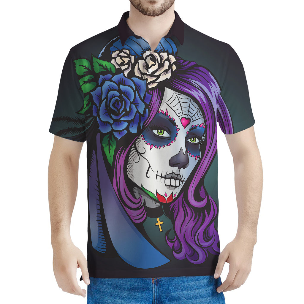 Calavera Girl Dia De Los Muertos Print Men's Polo Shirt