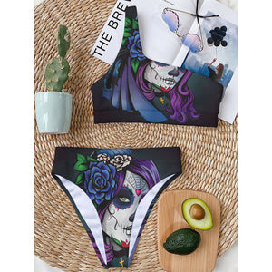 Calavera Girl Dia De Los Muertos Print One Shoulder Bikini Top