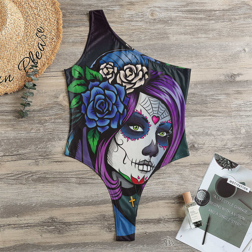 Calavera Girl Dia De Los Muertos Print One Shoulder Bodysuit