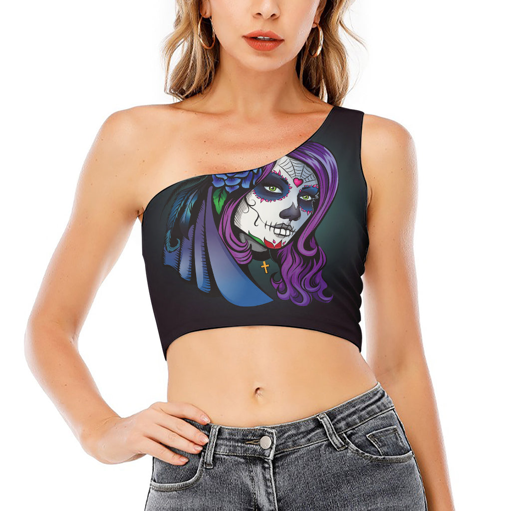 Calavera Girl Dia De Los Muertos Print One Shoulder Crop Top