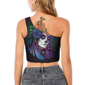 Calavera Girl Dia De Los Muertos Print One Shoulder Crop Top