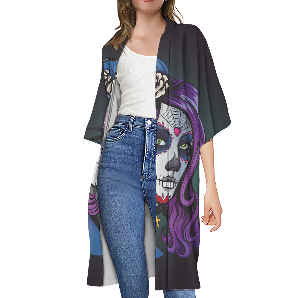 Calavera Girl Dia De Los Muertos Print Open Front Beach Cover Up