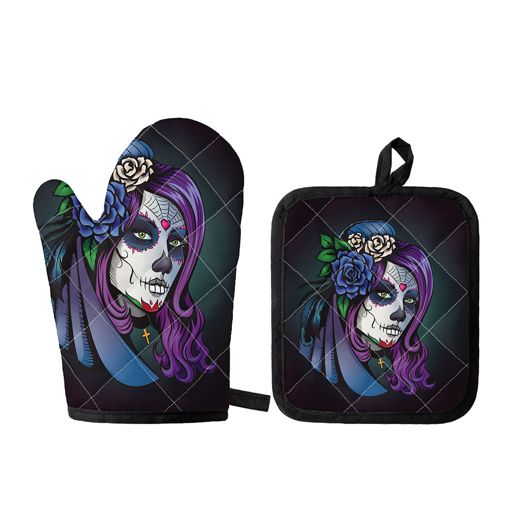 Calavera Girl Dia De Los Muertos Print Oven Mitt And Pot Holder Set