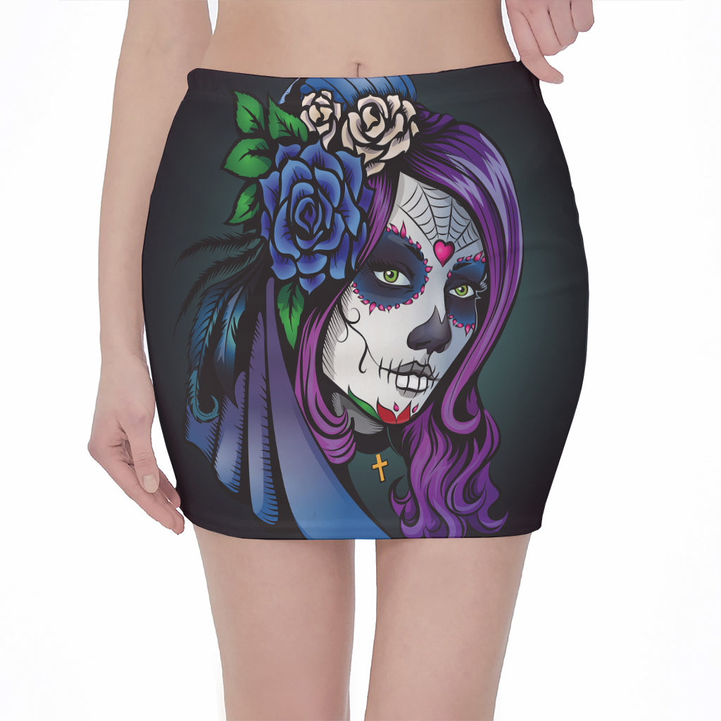 Calavera Girl Dia De Los Muertos Print Pencil Mini Skirt
