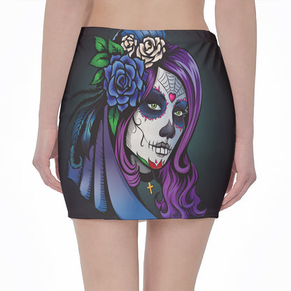 Calavera Girl Dia De Los Muertos Print Pencil Mini Skirt