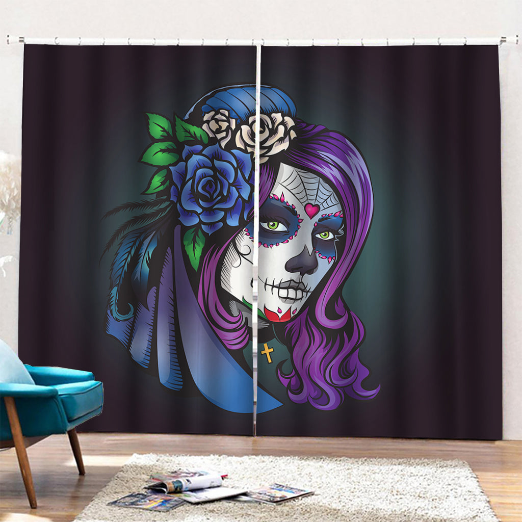 Calavera Girl Dia De Los Muertos Print Pencil Pleat Curtains