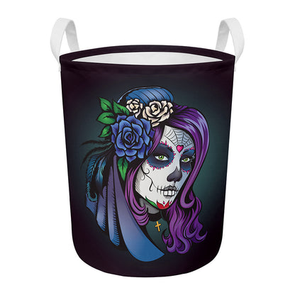 Calavera Girl Dia De Los Muertos Print Round Laundry Basket