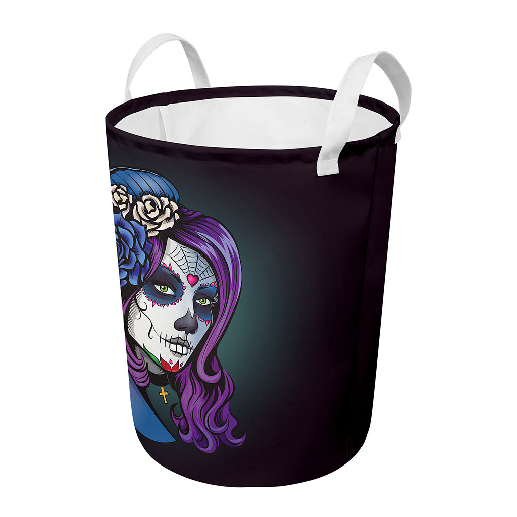 Calavera Girl Dia De Los Muertos Print Round Laundry Basket