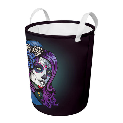 Calavera Girl Dia De Los Muertos Print Round Laundry Basket
