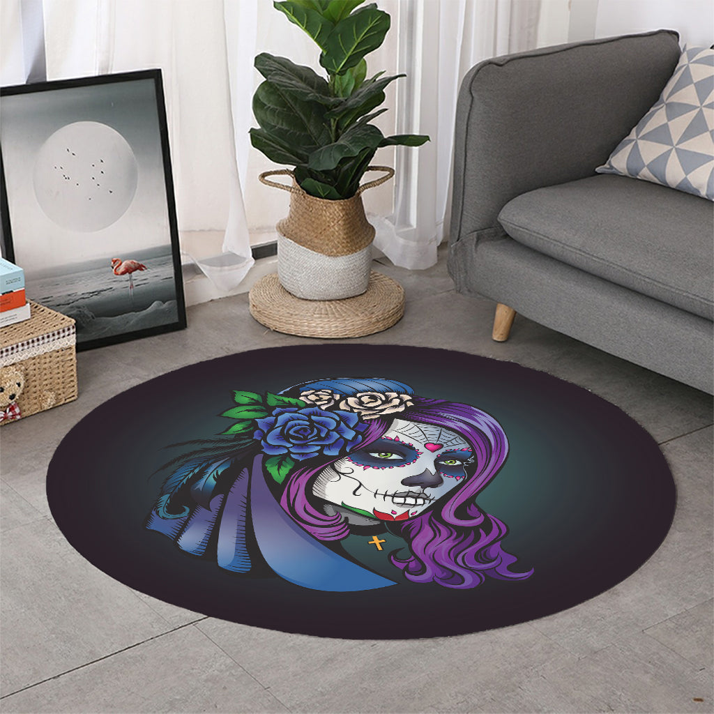 Calavera Girl Dia De Los Muertos Print Round Rug