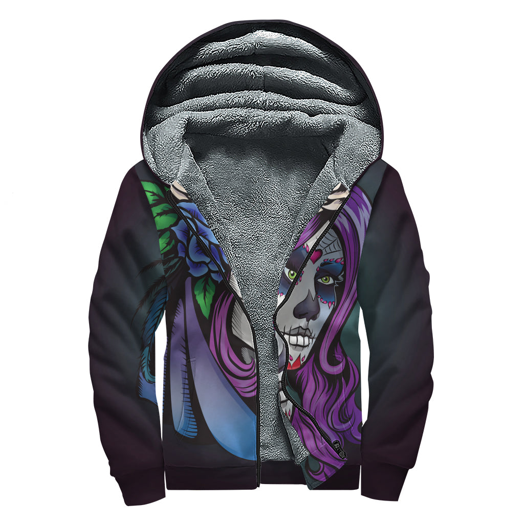 Calavera Girl Dia De Los Muertos Print Sherpa Lined Zip Up Hoodie