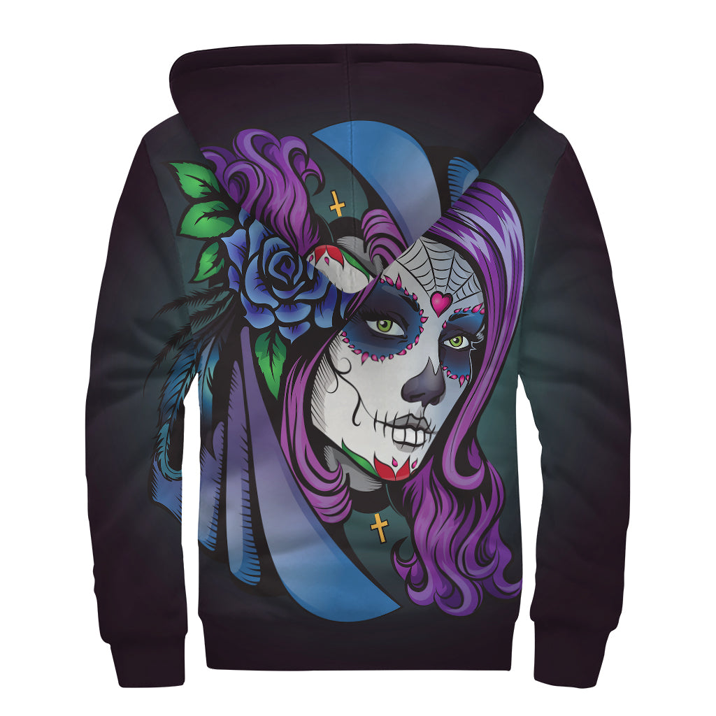 Calavera Girl Dia De Los Muertos Print Sherpa Lined Zip Up Hoodie