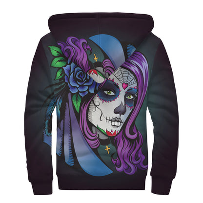 Calavera Girl Dia De Los Muertos Print Sherpa Lined Zip Up Hoodie