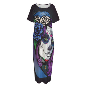 Calavera Girl Dia De Los Muertos Print Short Sleeve Long Nightdress