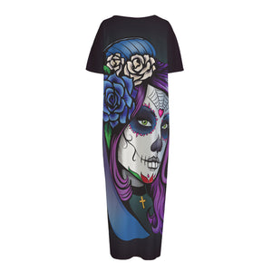 Calavera Girl Dia De Los Muertos Print Short Sleeve Long Nightdress