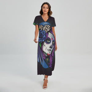 Calavera Girl Dia De Los Muertos Print Short Sleeve Maxi Dress