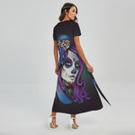 Calavera Girl Dia De Los Muertos Print Short Sleeve Maxi Dress