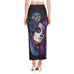 Calavera Girl Dia De Los Muertos Print Side Slit Maxi Skirt