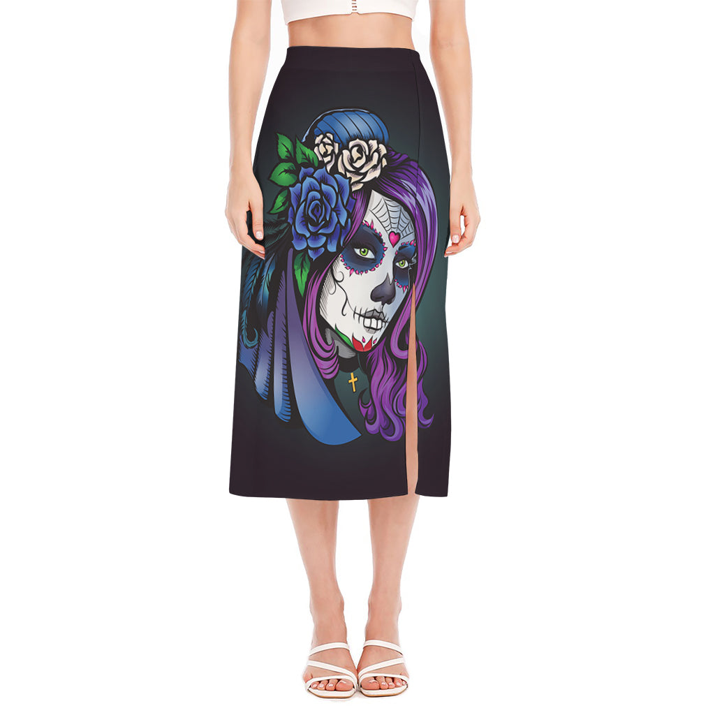 Calavera Girl Dia De Los Muertos Print Side Slit Midi Skirt