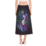 Calavera Girl Dia De Los Muertos Print Side Slit Midi Skirt