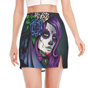 Calavera Girl Dia De Los Muertos Print Side Slit Mini Skirt