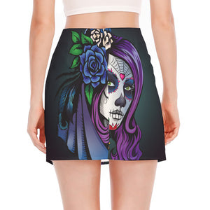 Calavera Girl Dia De Los Muertos Print Side Slit Mini Skirt