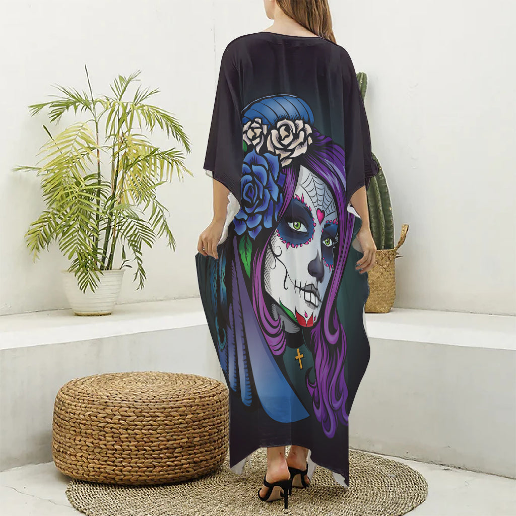 Calavera Girl Dia De Los Muertos Print Silk V-Neck Kaftan Dress