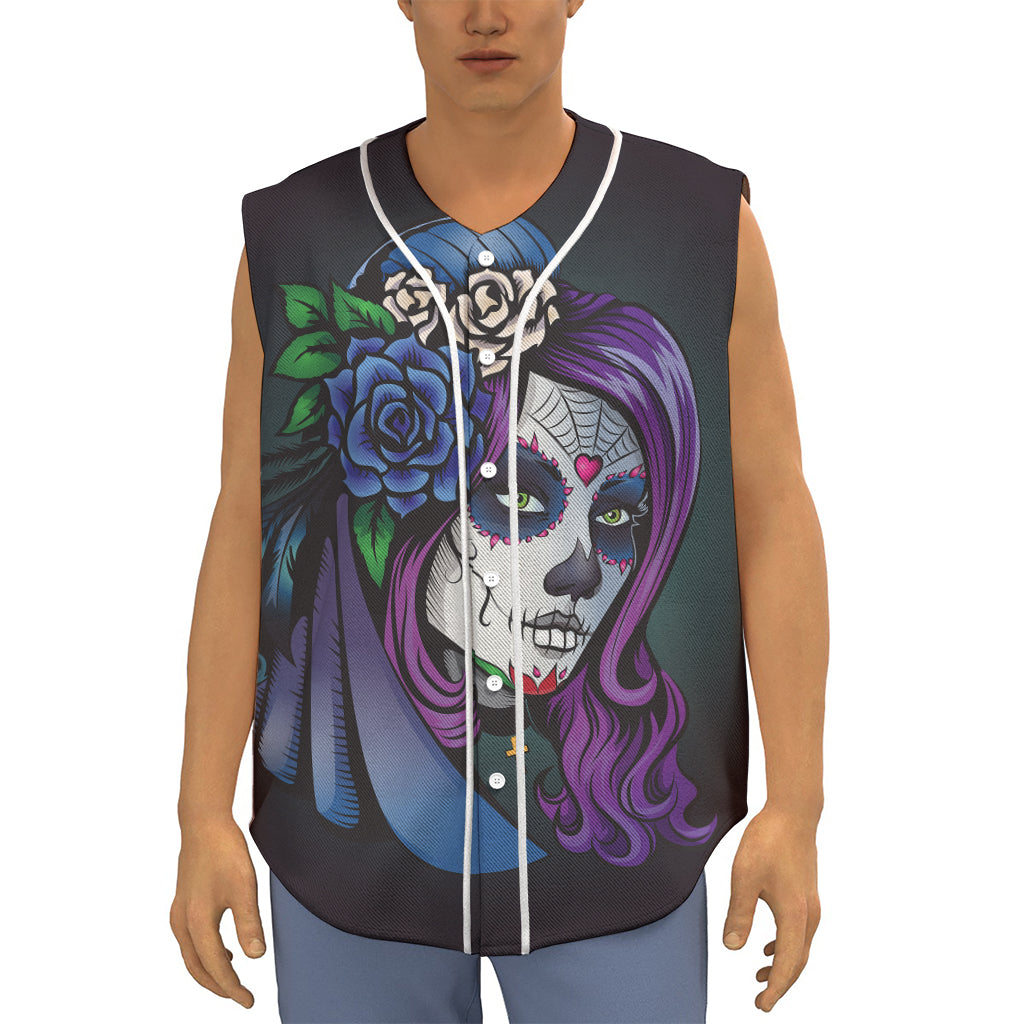 Calavera Girl Dia De Los Muertos Print Sleeveless Baseball Jersey