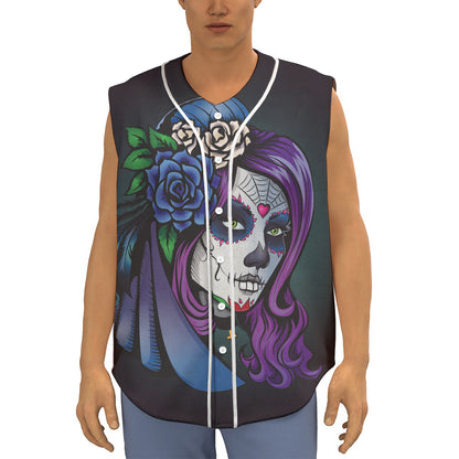 Calavera Girl Dia De Los Muertos Print Sleeveless Baseball Jersey