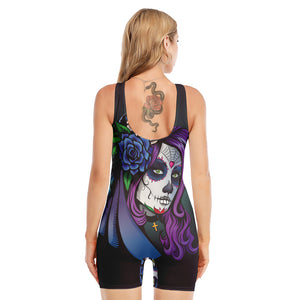 Calavera Girl Dia De Los Muertos Print Sleeveless One Piece Swimsuit