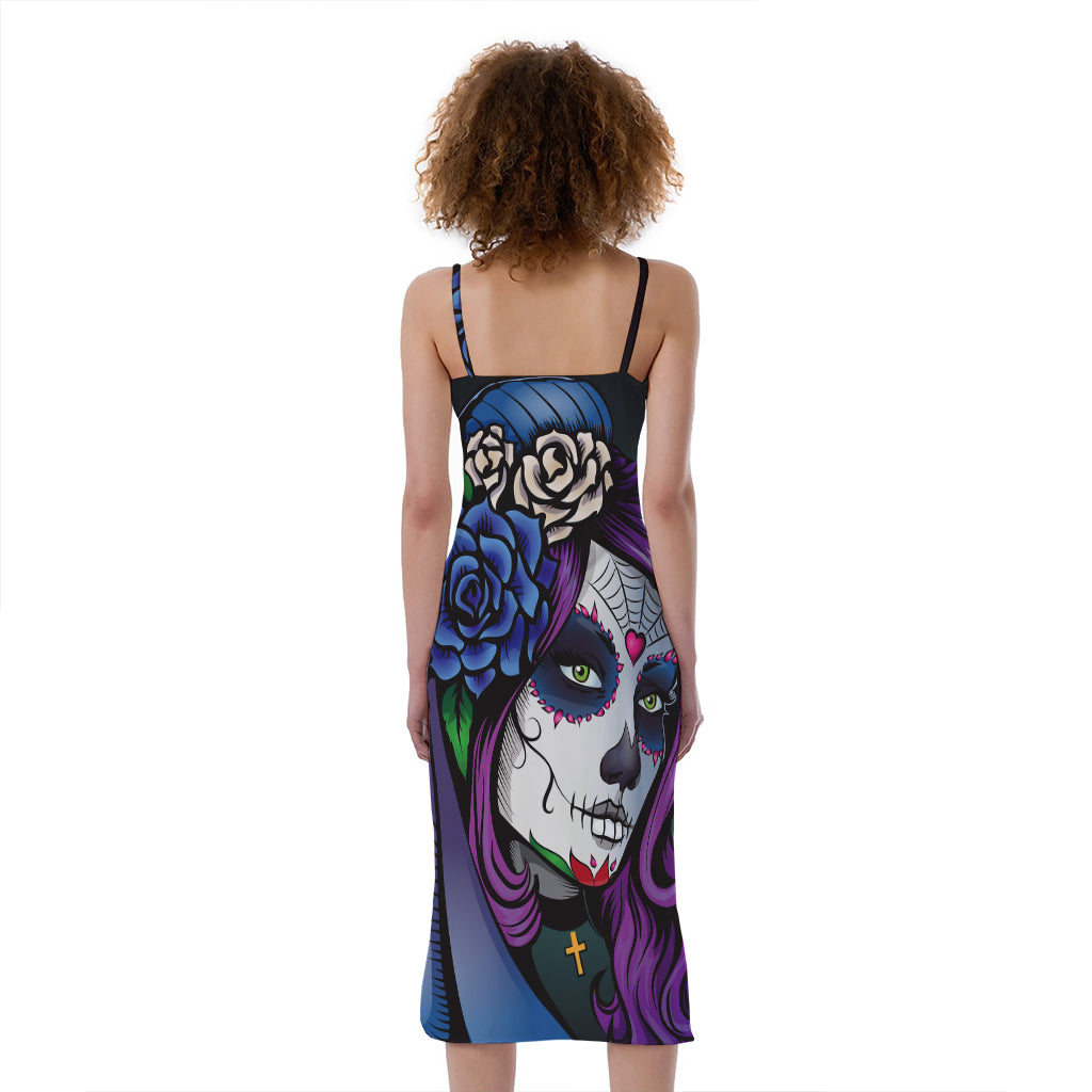 Calavera Girl Dia De Los Muertos Print Slim Fit Midi Cami Dress