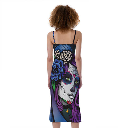 Calavera Girl Dia De Los Muertos Print Slim Fit Midi Cami Dress