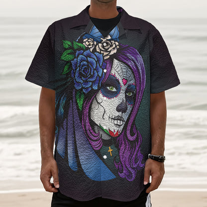 Calavera Girl Dia De Los Muertos Print Textured Short Sleeve Shirt