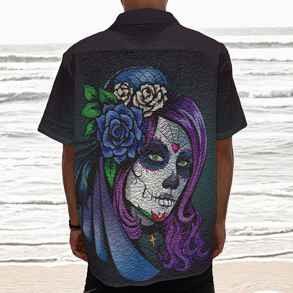 Calavera Girl Dia De Los Muertos Print Textured Short Sleeve Shirt