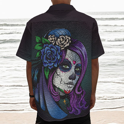 Calavera Girl Dia De Los Muertos Print Textured Short Sleeve Shirt