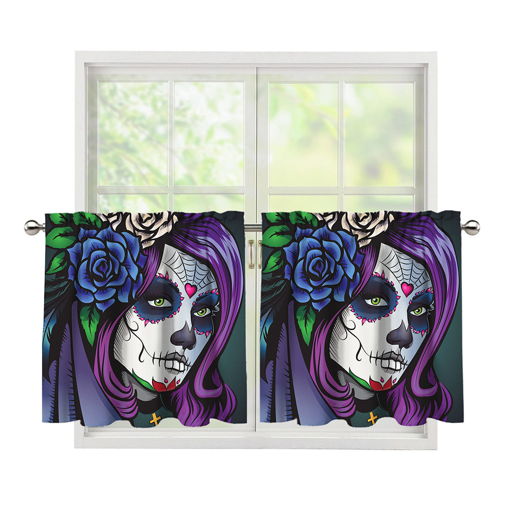 Calavera Girl Dia De Los Muertos Print Tier Curtains