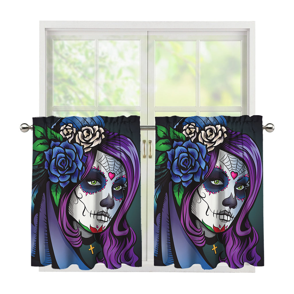 Calavera Girl Dia De Los Muertos Print Tier Curtains
