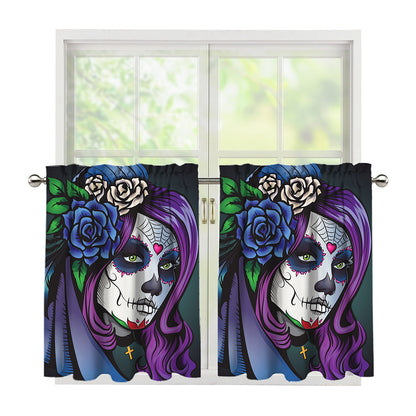 Calavera Girl Dia De Los Muertos Print Tier Curtains
