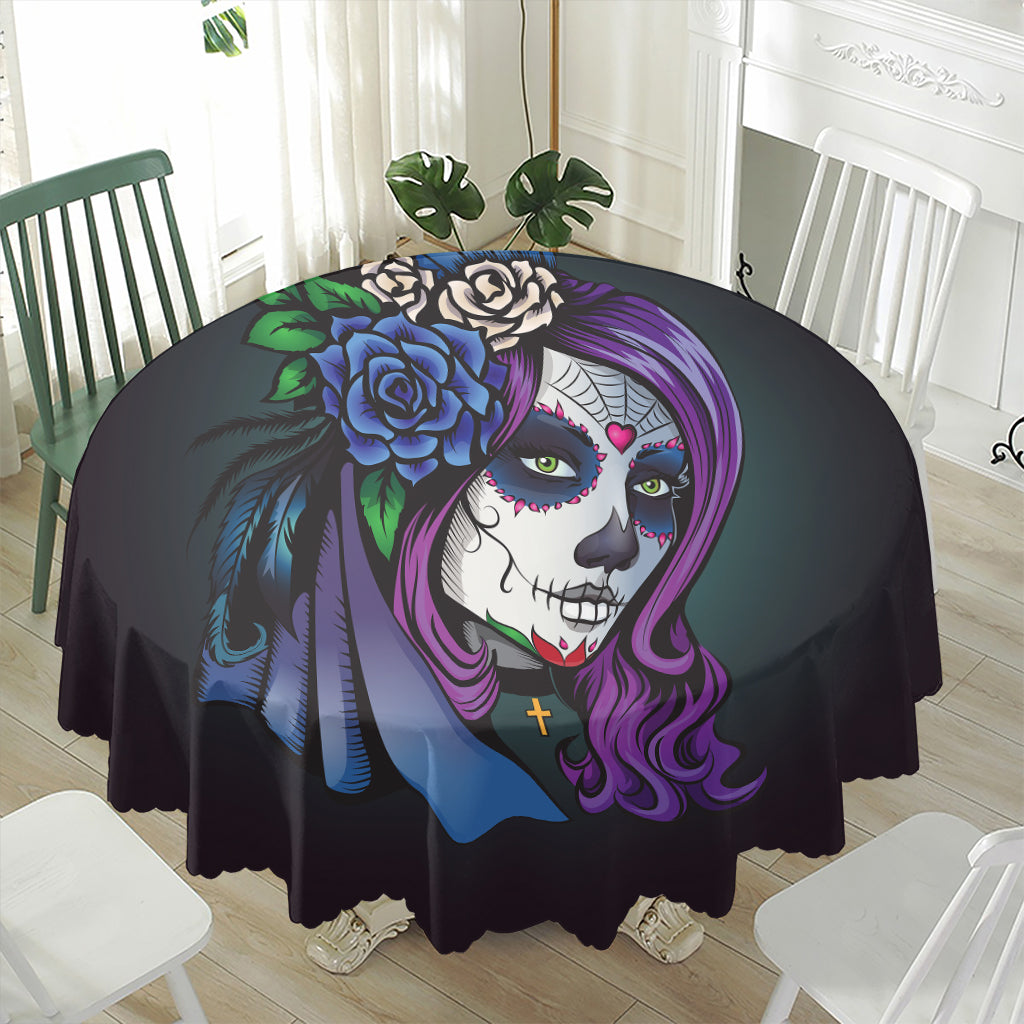 Calavera Girl Dia De Los Muertos Print Waterproof Round Tablecloth