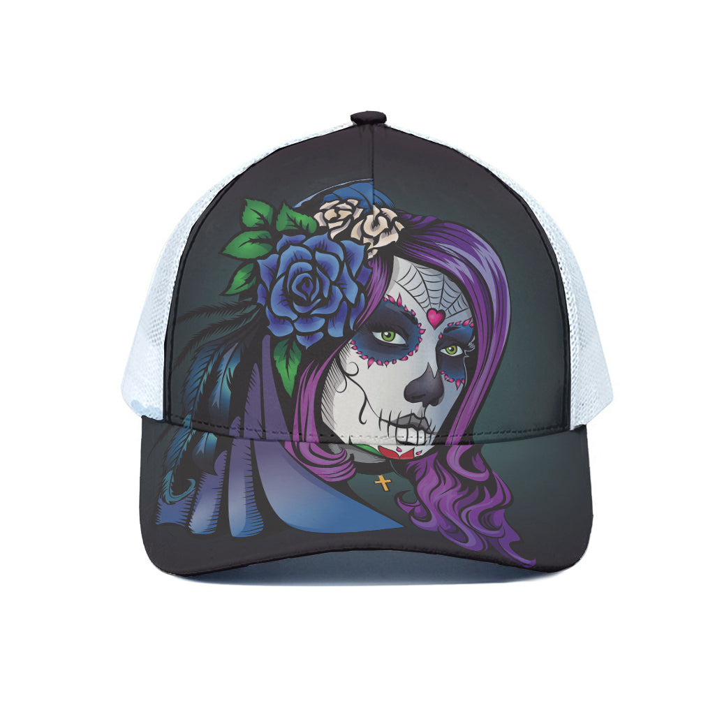 Calavera Girl Dia De Los Muertos Print White Mesh Trucker Cap