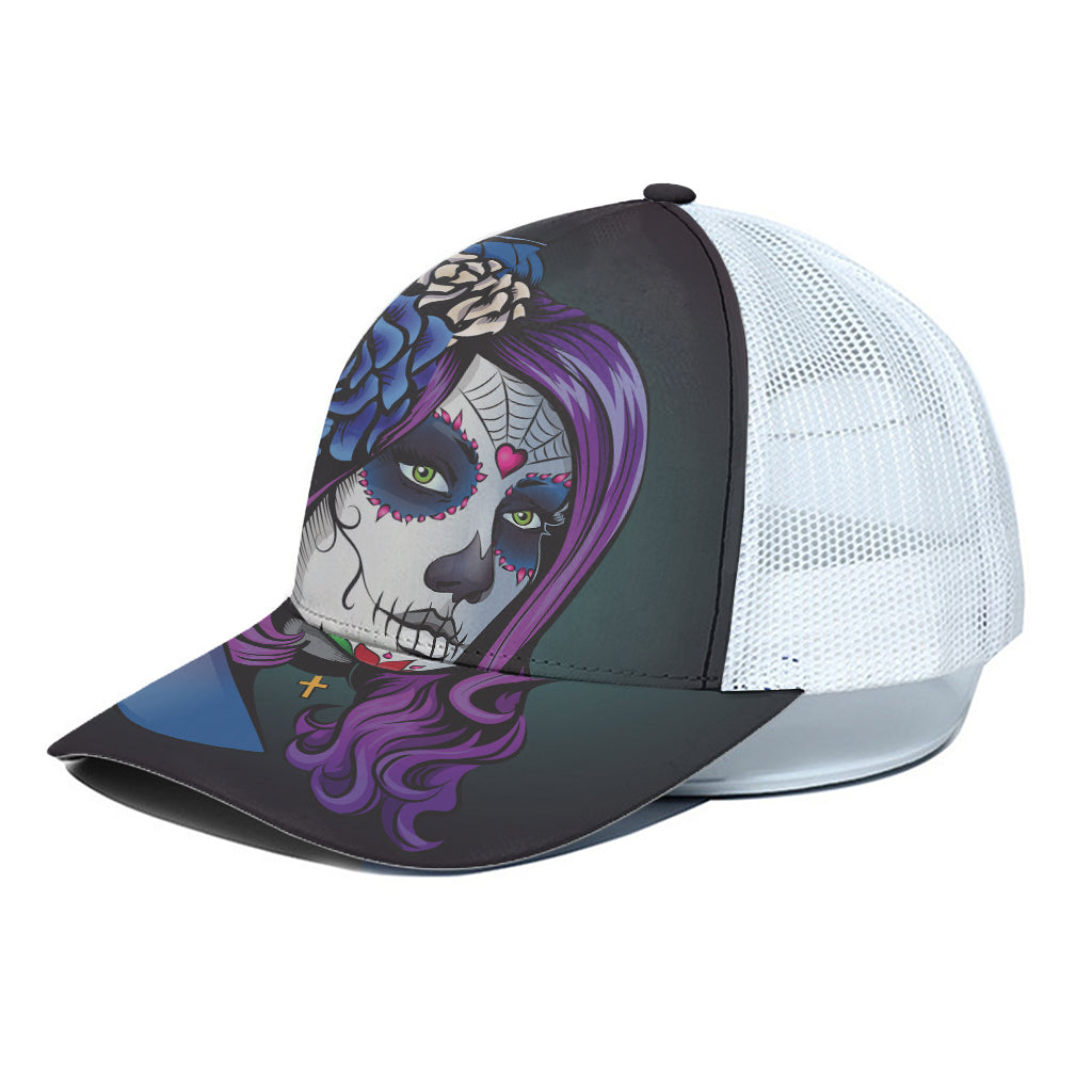 Calavera Girl Dia De Los Muertos Print White Mesh Trucker Cap