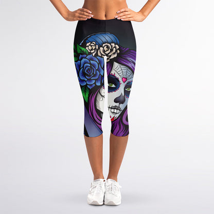 Calavera Girl Dia De Los Muertos Print Women's Capri Leggings