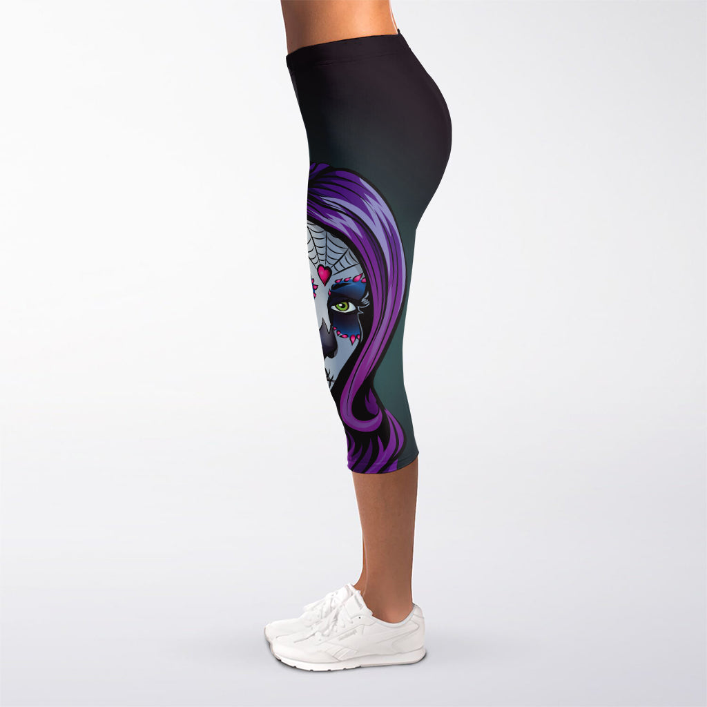 Calavera Girl Dia De Los Muertos Print Women's Capri Leggings