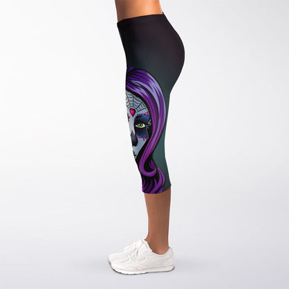 Calavera Girl Dia De Los Muertos Print Women's Capri Leggings