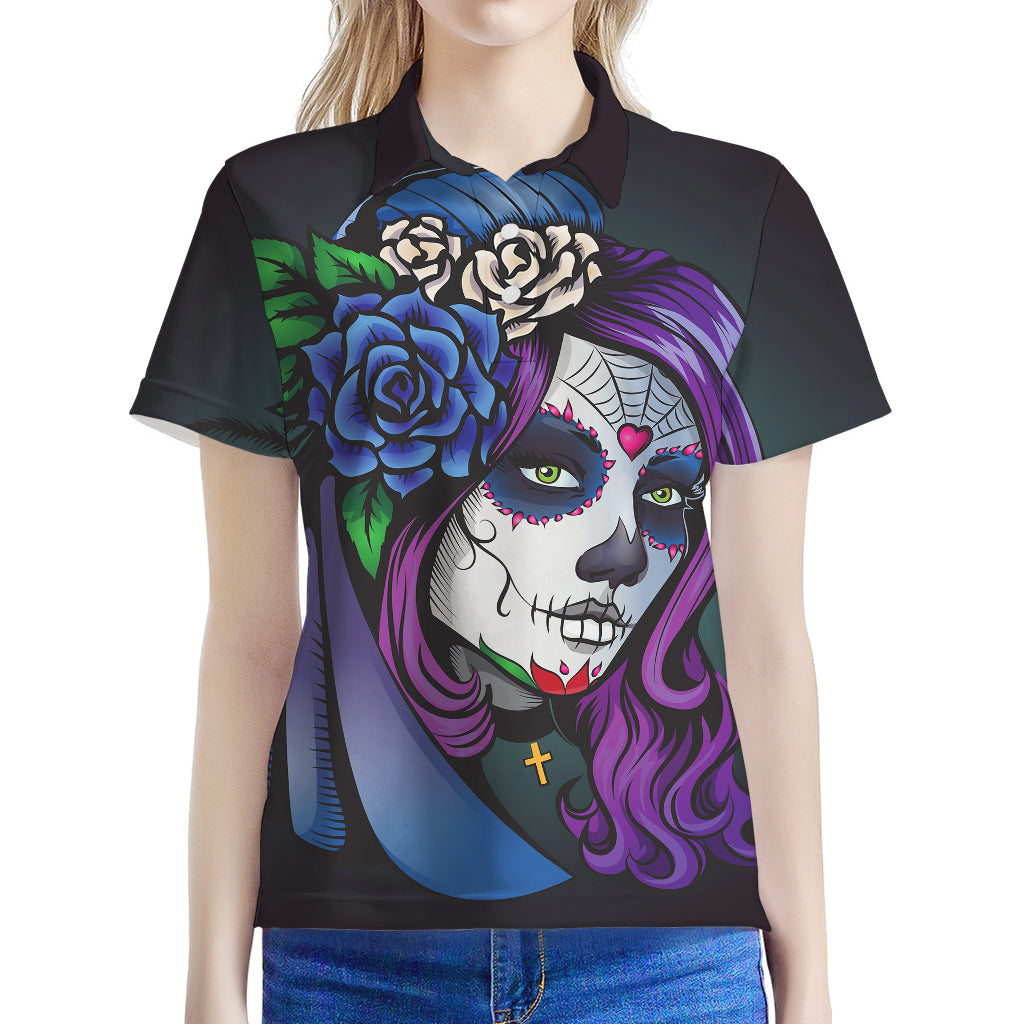 Calavera Girl Dia De Los Muertos Print Women's Polo Shirt