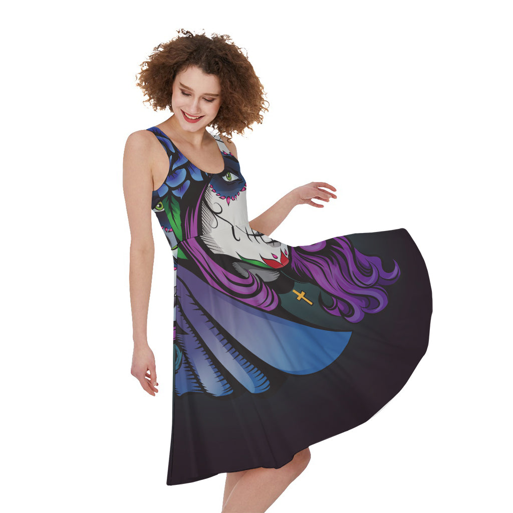 Calavera Girl Dia De Los Muertos Print Women's Sleeveless Dress