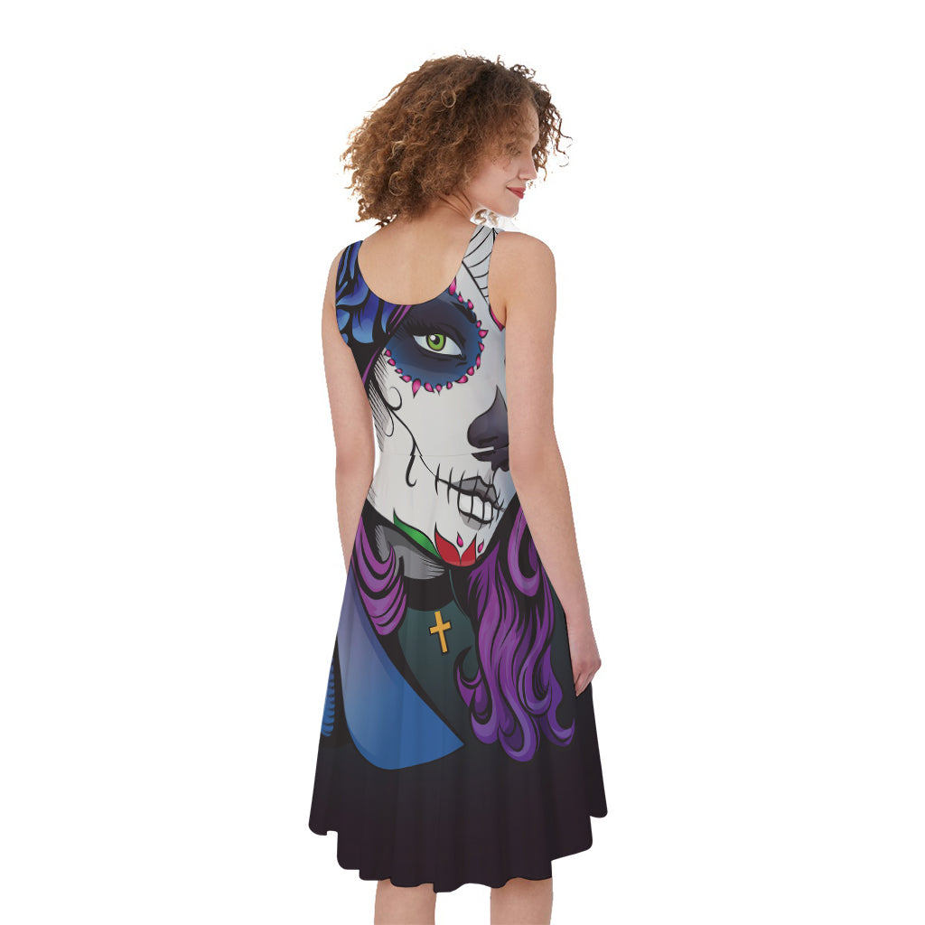 Calavera Girl Dia De Los Muertos Print Women's Sleeveless Dress