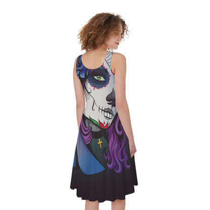 Calavera Girl Dia De Los Muertos Print Women's Sleeveless Dress