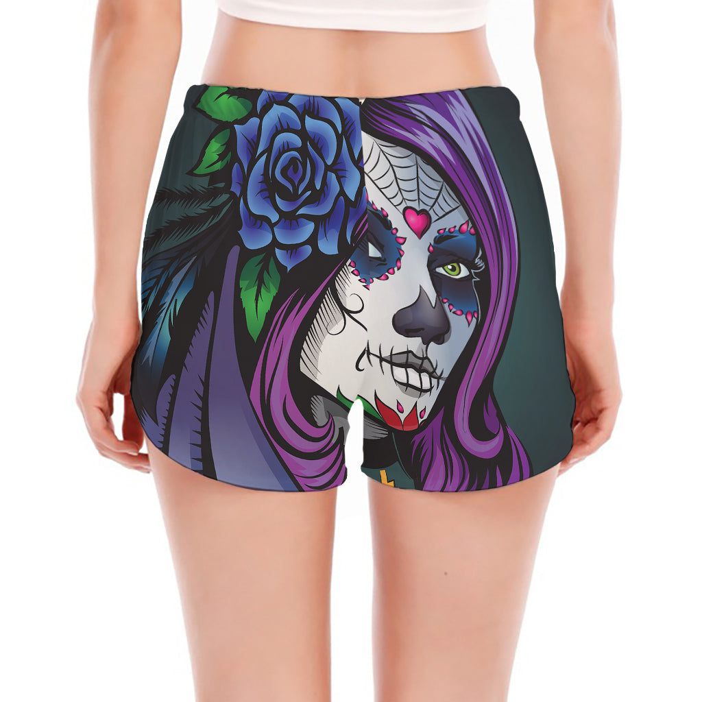 Calavera Girl Dia De Los Muertos Print Women's Split Running Shorts